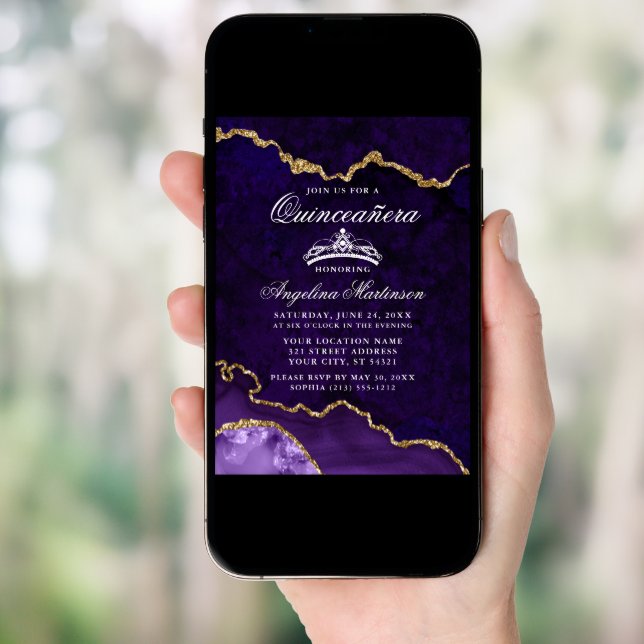 Quinceanera Purple Gold Marble Agate Geode Photo Invitation (Front Digital)
