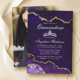 Quinceanera Purple Gold Marble Agate Geode Photo Invitation