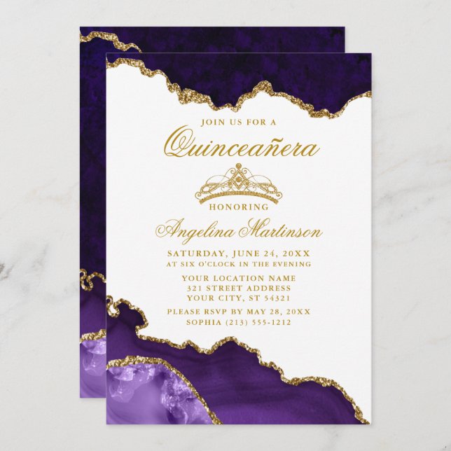 Quinceanera Purple Gold Marble Crown Invitation (Front/Back)