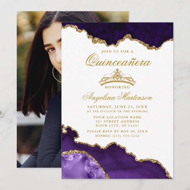 Quinceanera Purple Gold Marble Crown Photo Invitation (Front/Back)