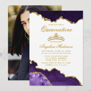 Quinceanera Purple Gold Marble Crown Photo Invitation