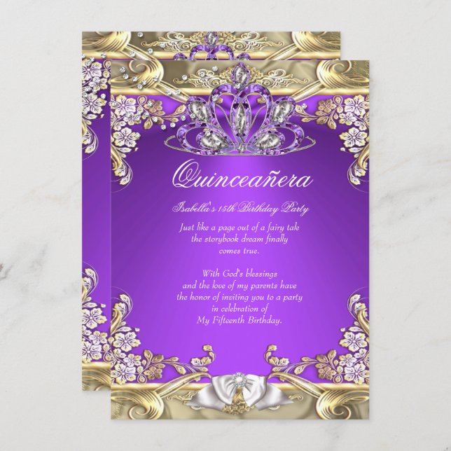 Quinceanera Purple Gold White 15th Birthday Party Invitation (Front/Back)