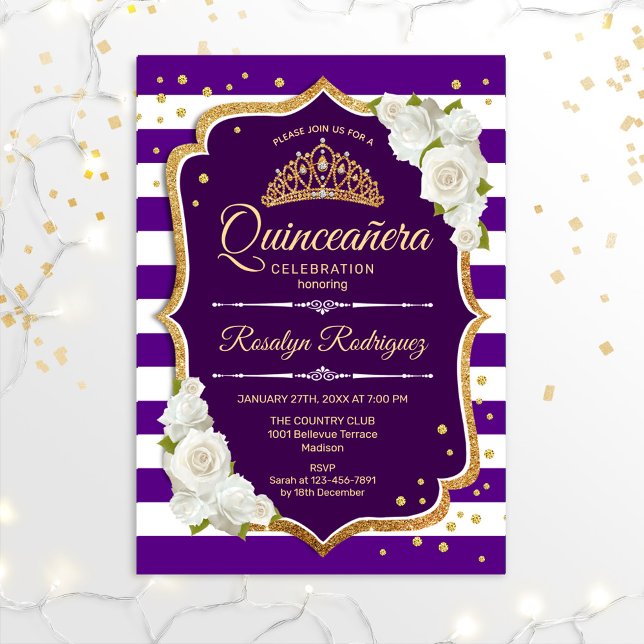 Quinceanera - Purple Gold White Invitation (Creator Uploaded)