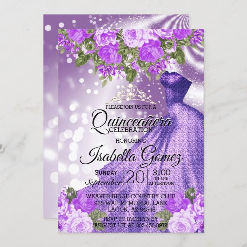 Quinceaera Purple Gown and Flowers Invitation