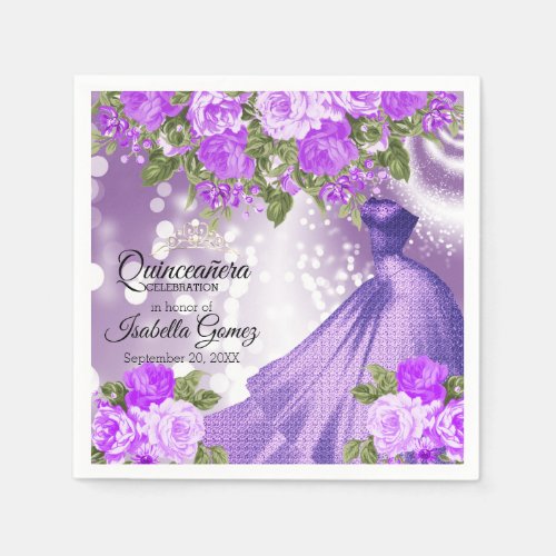 Quinceaera Purple Gown and Flowers Napkins