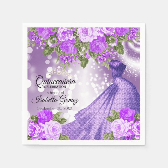 Quinceañera Purple Gown and Flowers Napkins (Front)