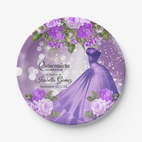 Quinceaera Purple Gown and Flowers Paper Plates