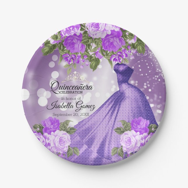 Quinceañera Purple Gown and Flowers Paper Plates (Front)