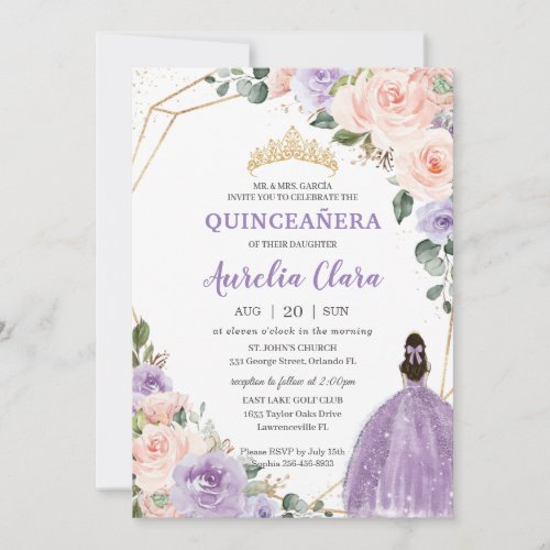 Quinceaera Purple Lavender Blush Floral Gold Invitation