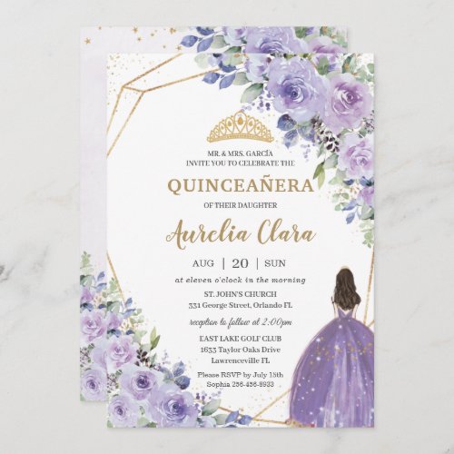 Quinceaera Purple Lavender Floral Gold Princess I Invitation