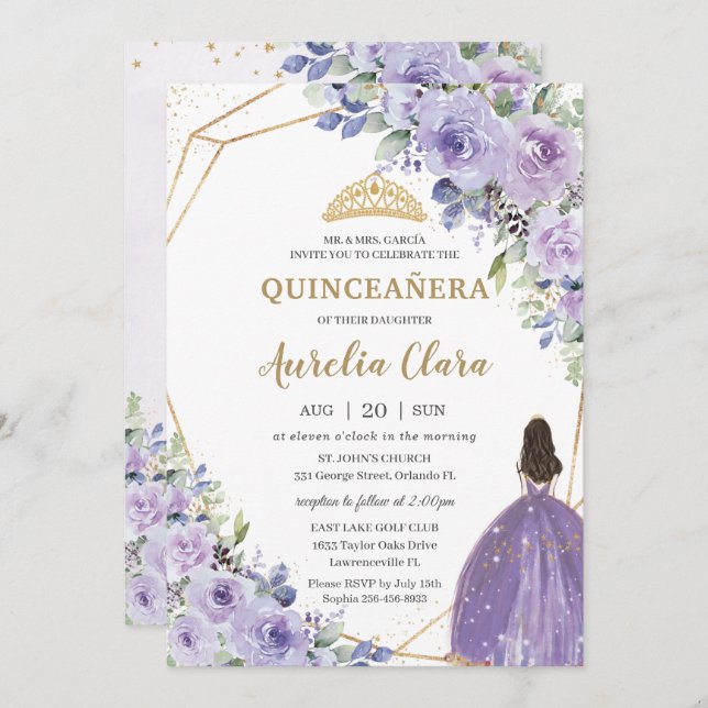Quinceañera Purple Lavender Floral Gold Princess I Invitation (Front/Back)