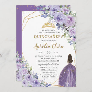 Quinceañera Purple Lavender Floral Gold Princess Invitation