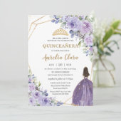 Quinceañera Purple Lavender Floral Gold Princess Invitation (Standing Front)