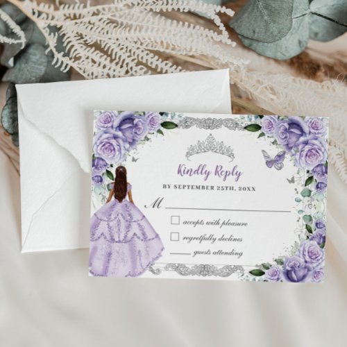 Quinceaera Purple Lavender Floral Princess Dress RSVP Card
