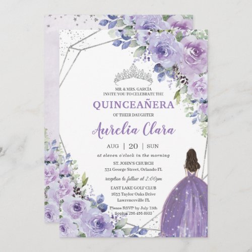Quinceaera Purple Lavender Floral Silver Princess Invitation