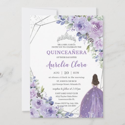 Quinceañera Purple Lavender Floral Silver Princess Invitation | Zazzle