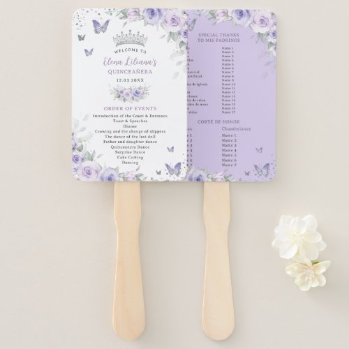 Quinceaera Purple Lavender Floral Silver Program Hand Fan