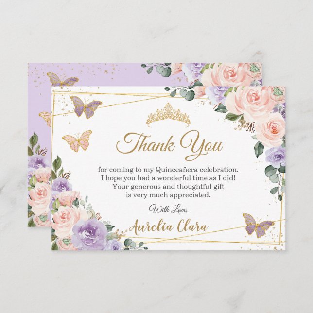 Quinceañera Purple Lilac Blush Floral Butterflies Thank You Card (Front/Back)