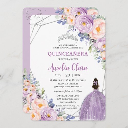 Quinceaera Purple Lilac Blush Floral Silver Dress Invitation