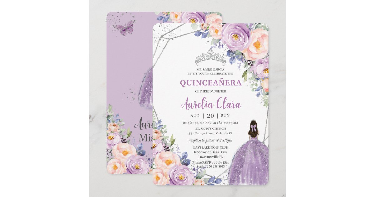 Quinceañera Purple Lilac Blush Floral Silver Dress Invitation Zazzle