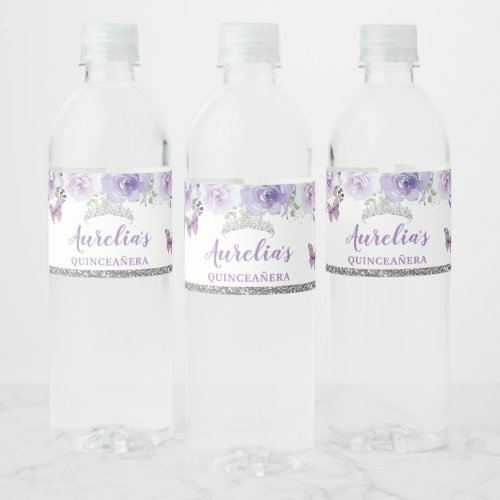 Quinceaera Purple Lilac Floral Birthday Favor Water Bottle Label