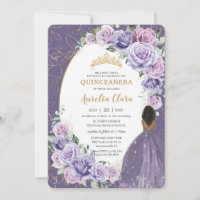 Quinceañera Purple Lilac Floral Brown Princess Invitation