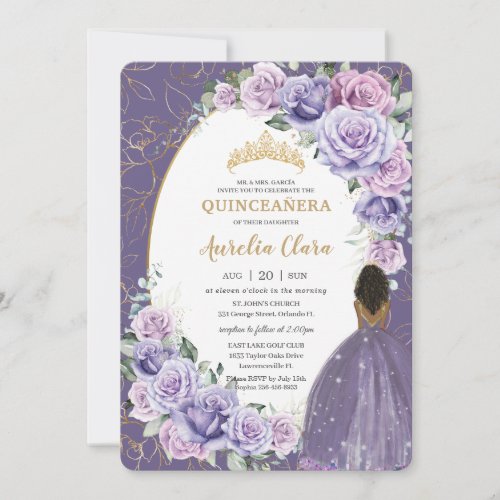 Quinceaera Purple Lilac Floral Brown Princess Invitation