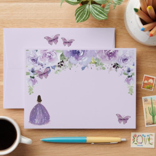Quinceaera Purple Lilac Floral Butterflies  Envelope