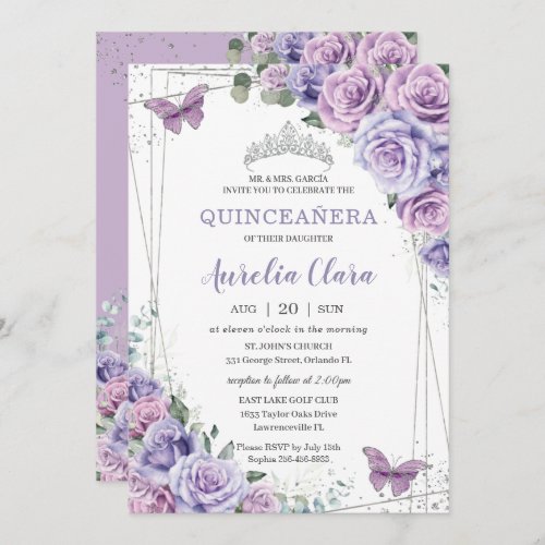 Quinceaera Purple Lilac Floral Butterflies Silver Invitation