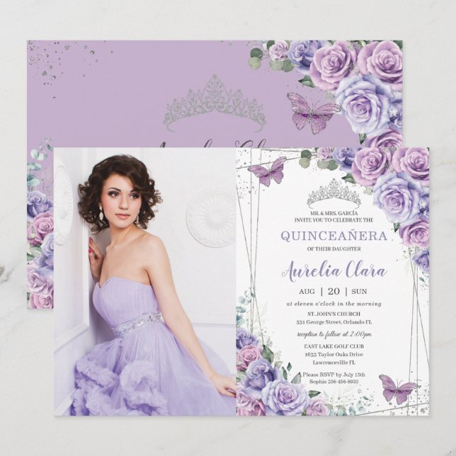Quinceañera Purple Lilac Floral Butterflies Silver Invitation (Front/Back)