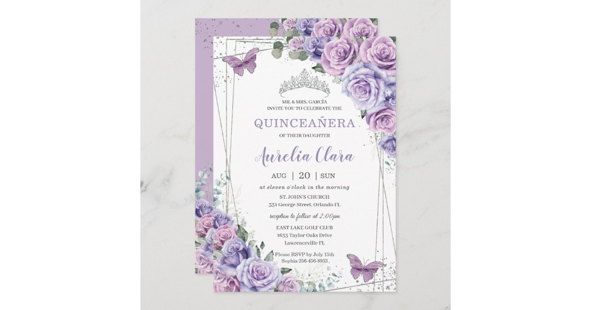 Quinceañera Invitation Template 5x7 Purple Lilac Lavender Wisteria  Butterfly Floral Spanish English Editable Customizable Español 