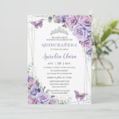 Quinceañera Purple Lilac Floral Butterflies Silver Invitation 