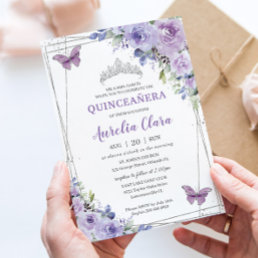 Quincea&#241;era Purple Lilac Floral Butterflies Silver Invitation