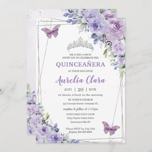 Quinceañera Purple Lilac Floral Butterflies Silver