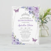 Quinceañera Purple Lilac Floral Butterflies Silver Invitation (Standing Front)