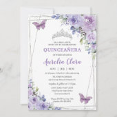 Quinceañera Purple Lilac Floral Butterflies Silver Invitation (Front)