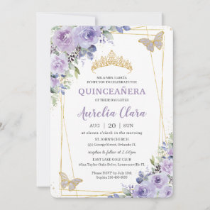 Quinceañera Purple Lilac Floral Butterflies Tiara Invitation