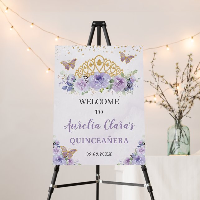 Quinceañera Purple Lilac Floral Crown Butterflies Foam Board (In Situ (Stand))
