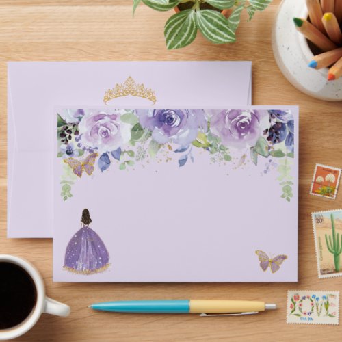 Quinceaera Purple Lilac Floral Gold Butterflies Envelope