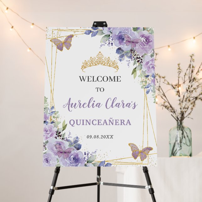 Quinceañera Purple Lilac Floral Gold Butterflies Foam Board (In Situ (Stand))