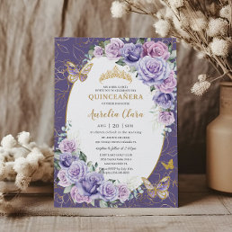 Quincea&#241;era Purple Lilac Floral Gold Butterflies Invitation