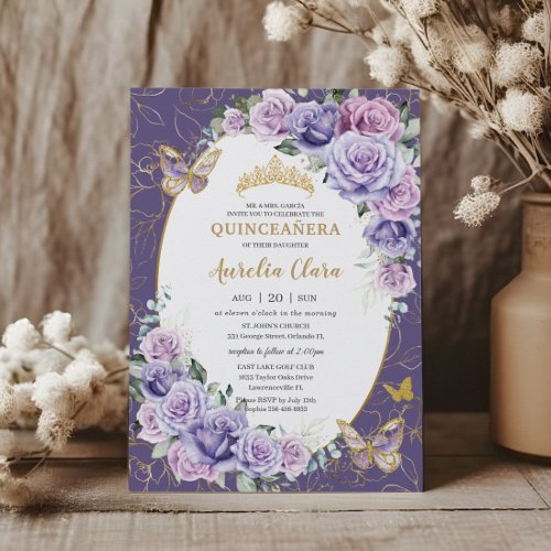 Quinceaera Purple Lilac Floral Gold Butterflies Invitation