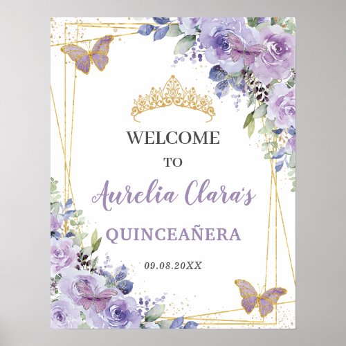 Quinceaera Purple Lilac Floral Gold Butterflies Poster