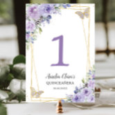 Quinceañera Purple Lilac Floral Silver Butterflies Table Number
