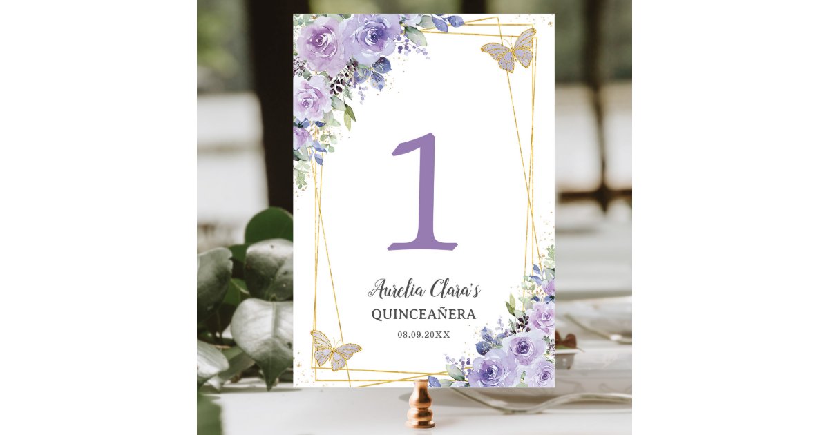 Quinceañera Purple Lilac Floral Gold Butterflies Table Number