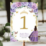 Quinceañera Purple Lilac Floral Gold Girl Dress  Table Number<br><div class="desc">Personalize this lovely table number card with your own wording easily and quickly. Simply click the Edit Using Design Tools button to further edit the text, wording, font style, font size, font color, add more text, move or remove some images. The butterflies, quince girl and crown are movable, resizable, multipliable...</div>