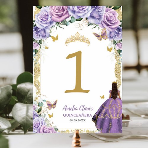 Quinceaera Purple Lilac Floral Gold Girl Dress  Table Number