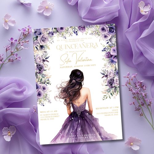 Quinceaera Purple Lilac Floral Gold Princess Gown Invitation