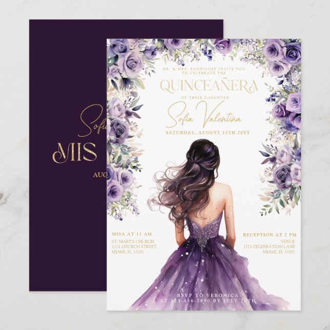 Quinceaera Purple Lilac Floral Gold Princess Gown Invitation | Zazzle