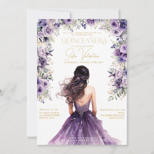Quinceaera Purple Lilac Floral Gold Princess Gown Invitation